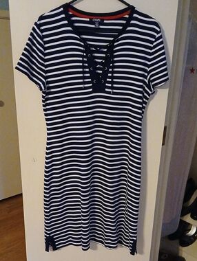 Chaps Navy & White Lace-Up Striped Dress